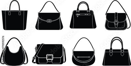 Various types of fashion handbags and purses black silhouette set