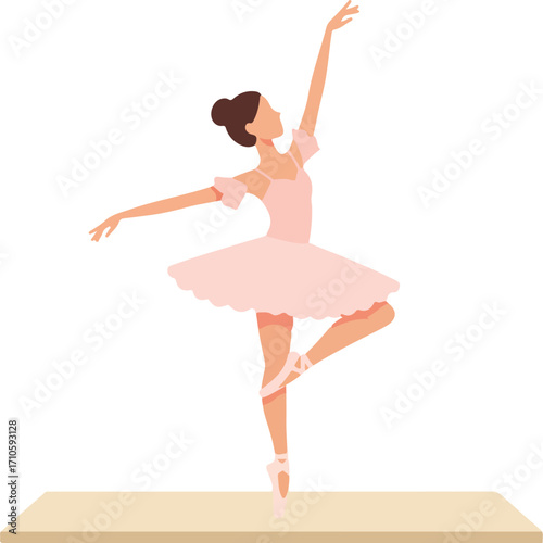 A ballerina in a pink tutu gracefully balances on one leg, arm elegantly extended overhead.