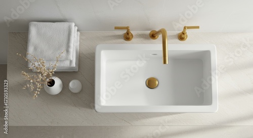 A top-down view of a bathroom sink and towels.
