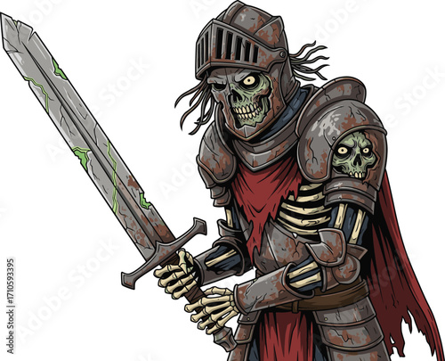 Undead skeleton knight with sword, cartoon horror warrior, medieval zombie fighter, creepy fantasy armor character, glowing eyes, dark cape, vector art