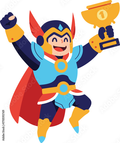 A joyful cartoon superhero celebrates victory with a trophy.