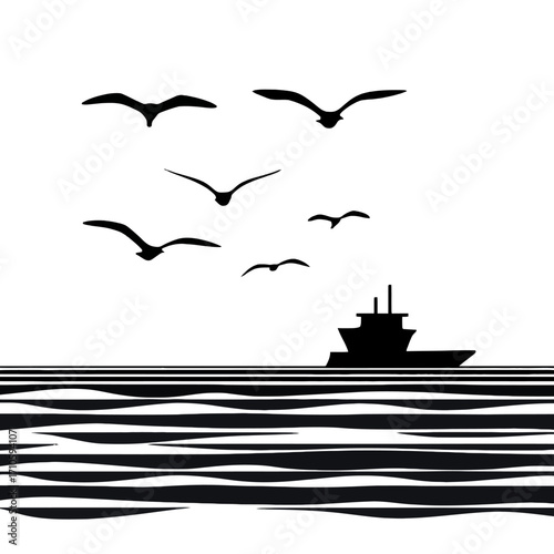 A black and white silhouette of a submarine on a stylized sea with a flock of seagulls flying overhead against a white sky.