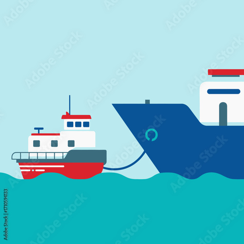 A small tugboat assists a large cargo ship by towing it through the ocean.