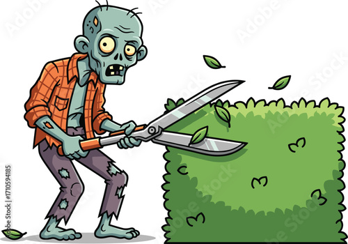 Zombie gardener trimming hedge, cartoon undead character, funny horror illustration, Halloween landscaping concept, spooky yard work, quirky monster, vector art