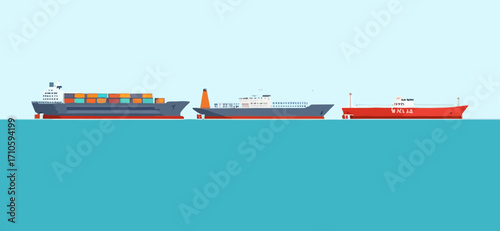 Illustration of three cargo ships sailing on the ocean.