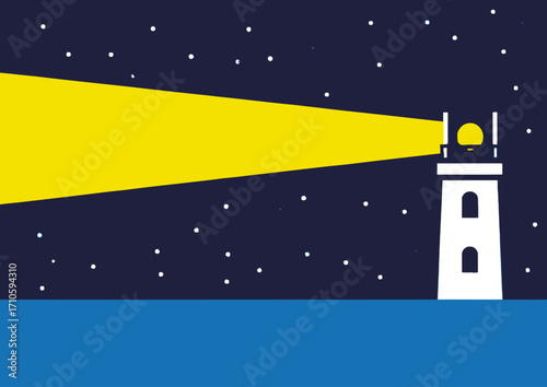 A simple illustration of a lighthouse shining a bright yellow beam across the sea under a starry night sky.