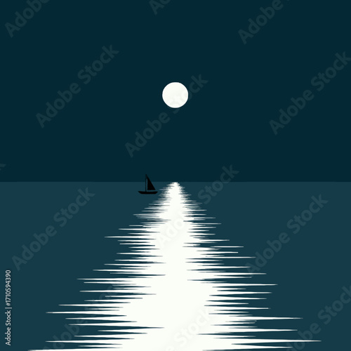 A minimalist illustration of a lone sailboat on a calm, moonlit sea with a bright reflection path under a dark night sky.
