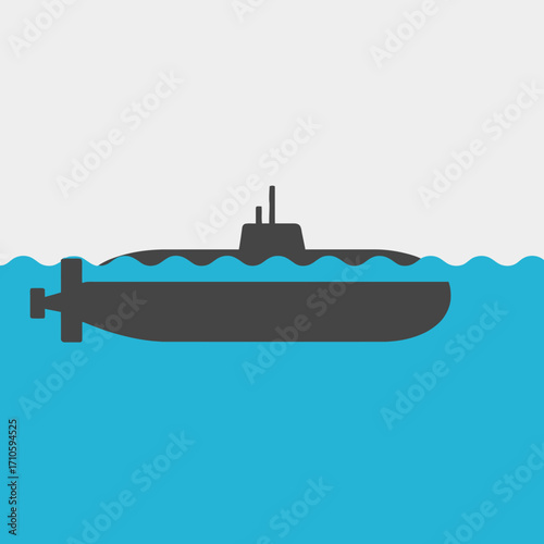 A simple flat vector illustration of a dark grey submarine partially submerged in blue water with a white background.