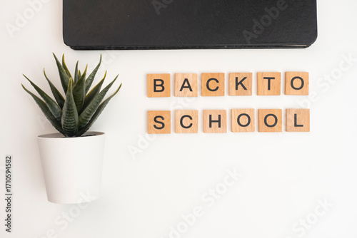 Back to school written in wooden blocks on a white background. The blocks are arranged in such a way as to form the words Back to School between the book objects and flowers as decoration.