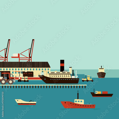 Port scene with cargo ships, cranes, and dockworkers.