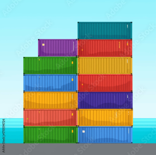 Colorful shipping containers stacked in a port against a blue sky and water, illustrating global logistics and trade.