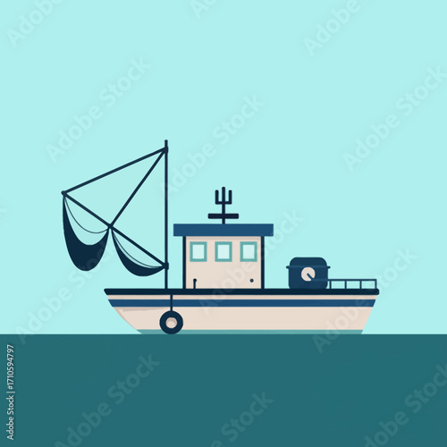 Side view of a simple fishing boat illustration, with a net and a small cabin.