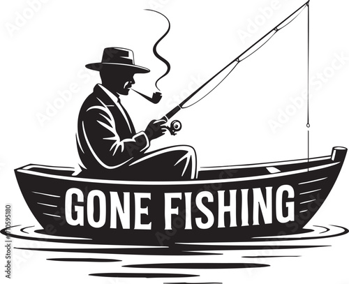 Gone Fishing Silhouette Man Smoking Pipe in Boat fisherman male