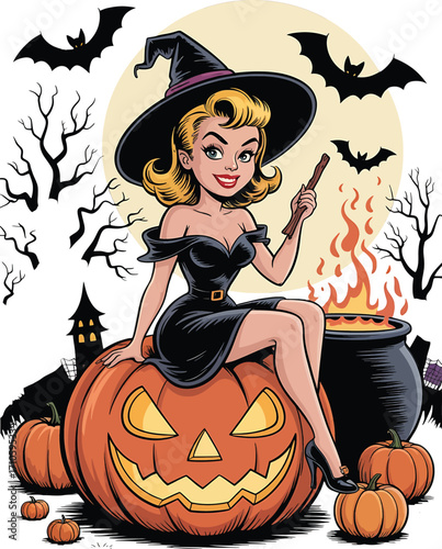 Halloween Pin Up Witch Sitting On Jack-o-lantern With Cauldron And Bats retro vintage