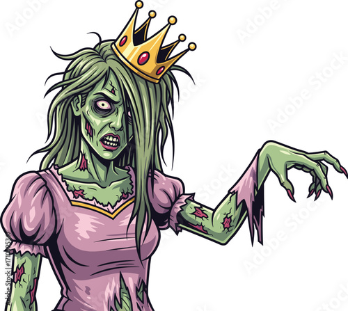 Zombie princess cartoon with green decaying skin, golden crown, tattered pink dress, horror Halloween vector, undead royal girl illustration for spooky design