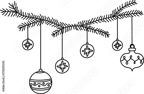 Christmas Ornaments on Pine Branch Doodle