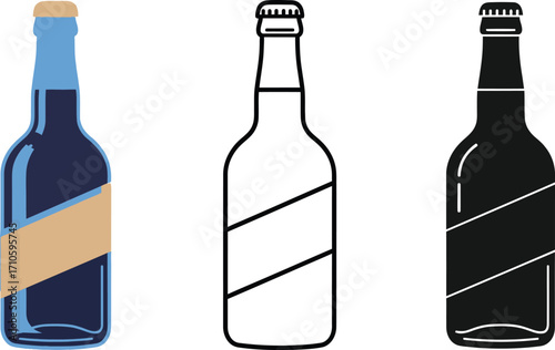 Vector beer bottle illustration set with label and outline