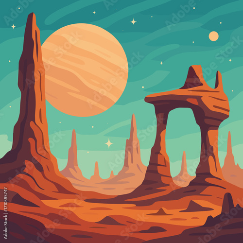Surreal alien landscape with towering rock formations and planets in a colorful sky copy space