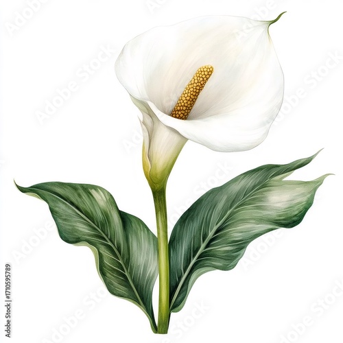 白いカラーリリーの植物のイラストレーションと緑の葉