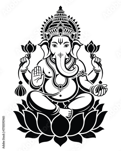 Scalable vector illustration of lord ganesha seated on a lotus flower decorative icon silhouette vector illustration white background