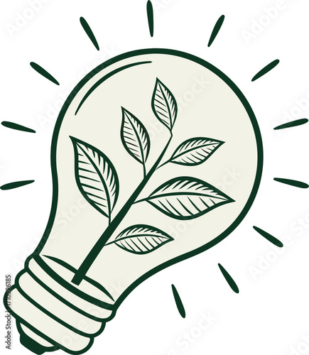 symbolizing a new idea for green energy and environmental innovation, A creative illustration blending a traditional light bulb with a leafy plant