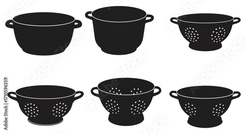 Black silhouette illustrations of various cooking pots and straining bowls