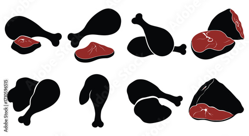 Black and white illustration of various cuts of poultry and meat