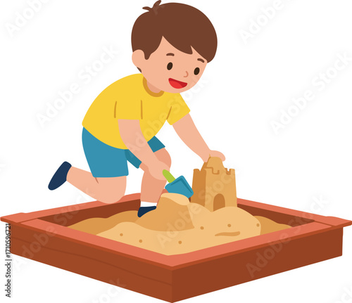 A boy plays in a sandbox, building a sandcastle with a shovel.