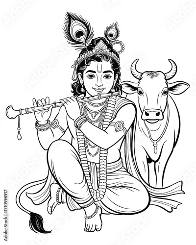 Lord krishna line art illustration vector scalable eps icon hindu deity playing flute silhouette vector illustration white background