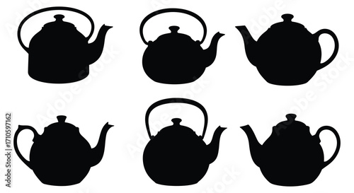 Black silhouettes of various teapots displayed on a clean white background