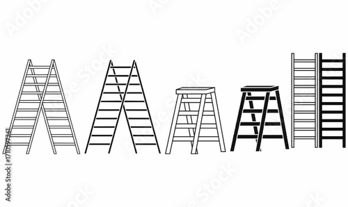 Set of ladder icons in outline and silhouette style, including step ladder, extension ladder, and folding ladder. Construction, work safety, and tool illustration.