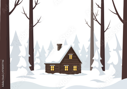 Cozy wooden cabin nestled in a snowy winter forest.
