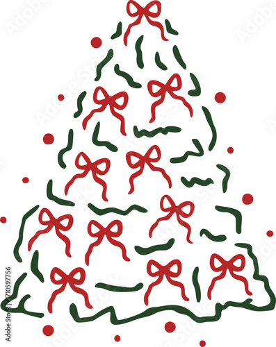 Whimsical Green Christmas Tree Doodle with Coquette Bow. Colorful winter christmas trees for holiday xmas and new year. Vector illustration. 