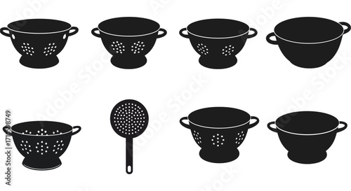 Black and white illustration featuring various kitchen colanders and strainers