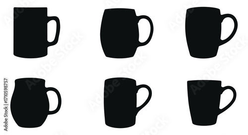 A collection of six black silhouette mugs on a white background