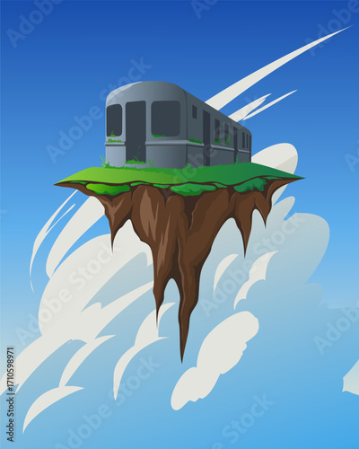 Vector illustration of an old, abandoned train on a floating island