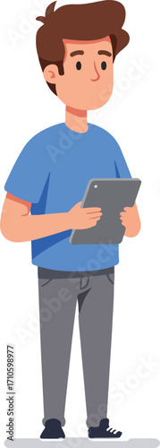 A young man in a blue shirt holds a tablet, looking thoughtful.