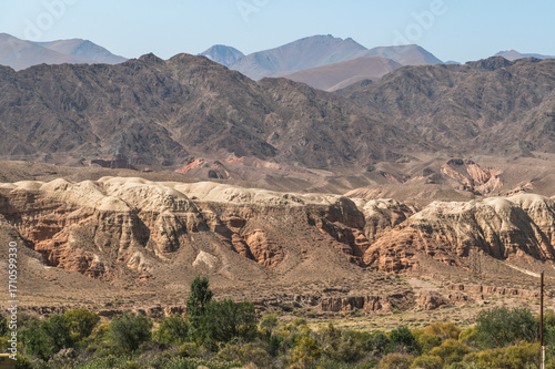 View of mountains and clay canyons in the Boom Gorge in Kyrgyzstan.