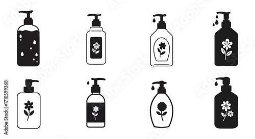 Collection of black and white soap dispenser icons in varying designs