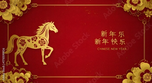 Golden horse celebrating chinese new year with floral decoration on red background