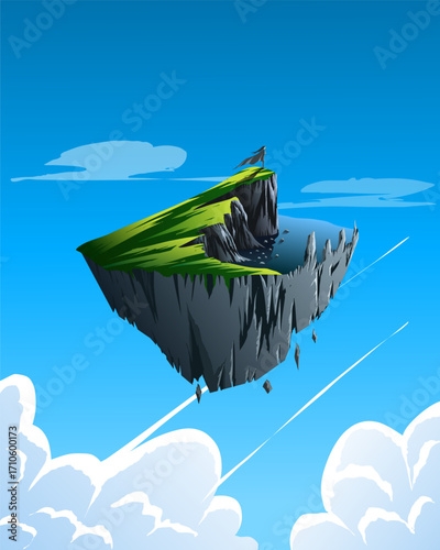 Vector illustration of a floating island with blue sky and clouds background