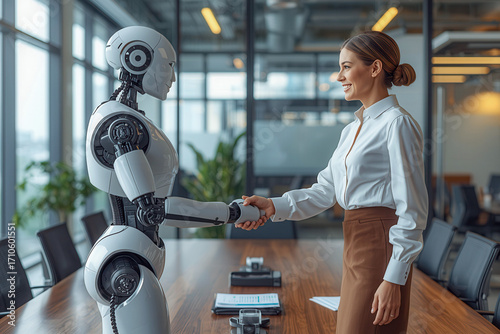 Woman handshake with AI robot to work together collaboration in job, with Agentic AI technology partner friend