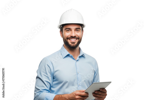 Smiling construction worker holding a blueprint isolated on transparent background