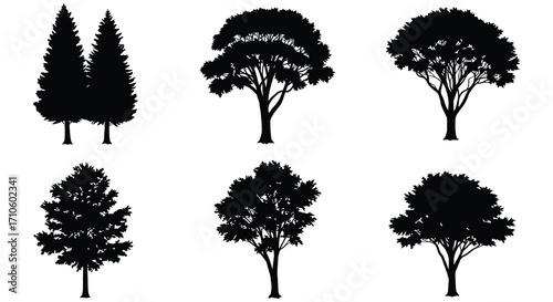 Silhouettes of various tree shapes against a plain white background