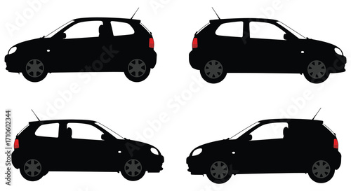Four identical black silhouettes of compact hatchbacks are displayed