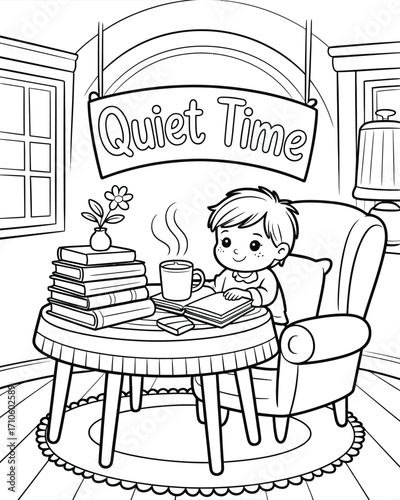 Charming vector illustration of a child enjoying quiet time reading and drinking coffee silhouette vector illustration white background