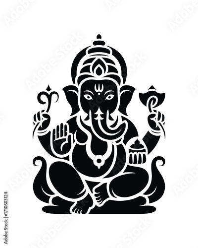 Scalable vector illustration of lord ganesha sitting pose with four arms holding auspicious symbols eps silhouette vector illustration white background
