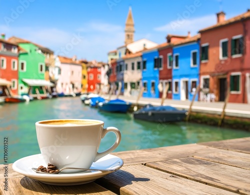 Colorful canal cityscape with coffee