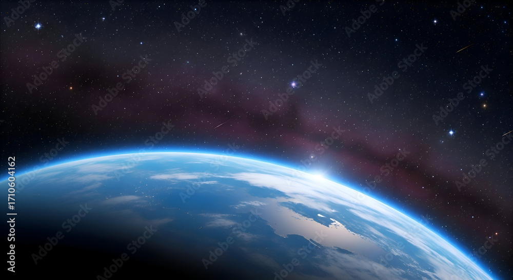 Fototapeta premium Earth View from Space with Starry Sky and Atmosphere