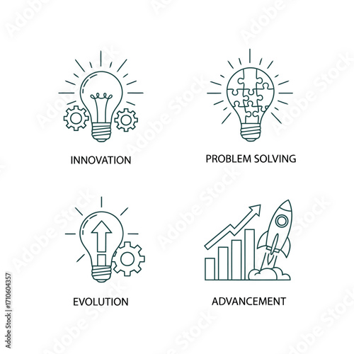 Vector illustration of collection of linear icons representing business concepts such as innovation, problem solving, evolution, and advancement
